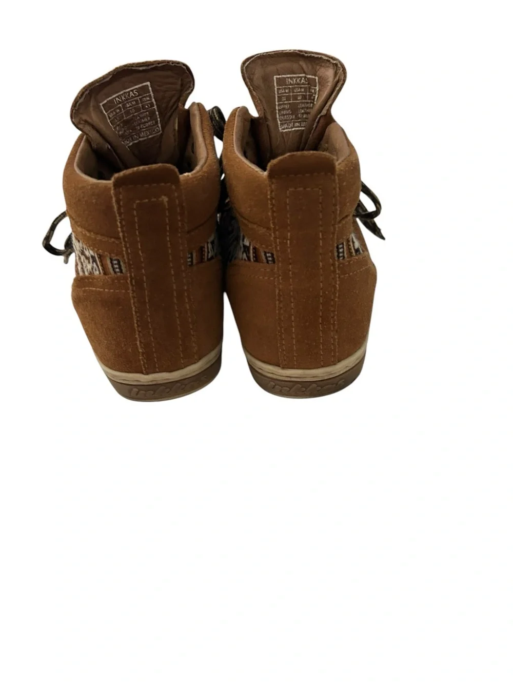 Inkkas brown suede camping boots featuring traditional Peruvian textile inlays
